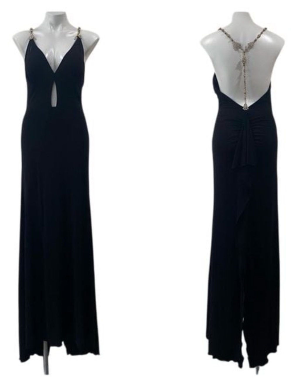 Nicole Bakti Elegant Black Evening Gown with Decorative Chain Straps sz Large